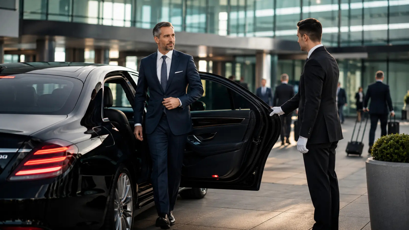 Business executive stepping out of a luxury chauffeur-driven sedan outside a modern corporate building, representing premium corporate luxury car service and executive transportation services.