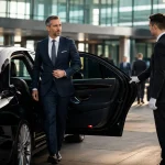 Business executive stepping out of a luxury chauffeur-driven sedan outside a modern corporate building, representing premium corporate luxury car service and executive transportation services.